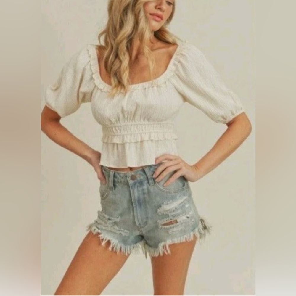Lush Puff Sleeve Elastic Waist Ruffled  Cream Lightweight Top